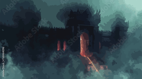 Digital pnting of a dark ominous temple with glowing flat photo
