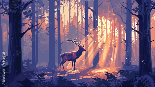 A painting of a deer in a forest with sunlight stream