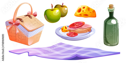 Picnic hamper basket with food, fruit and wine set. Summer camping snack or lunch on blanket with bread, cheese and vegetable. Fiber tablecloth isolated with woven bag and takeaway breakfast meal