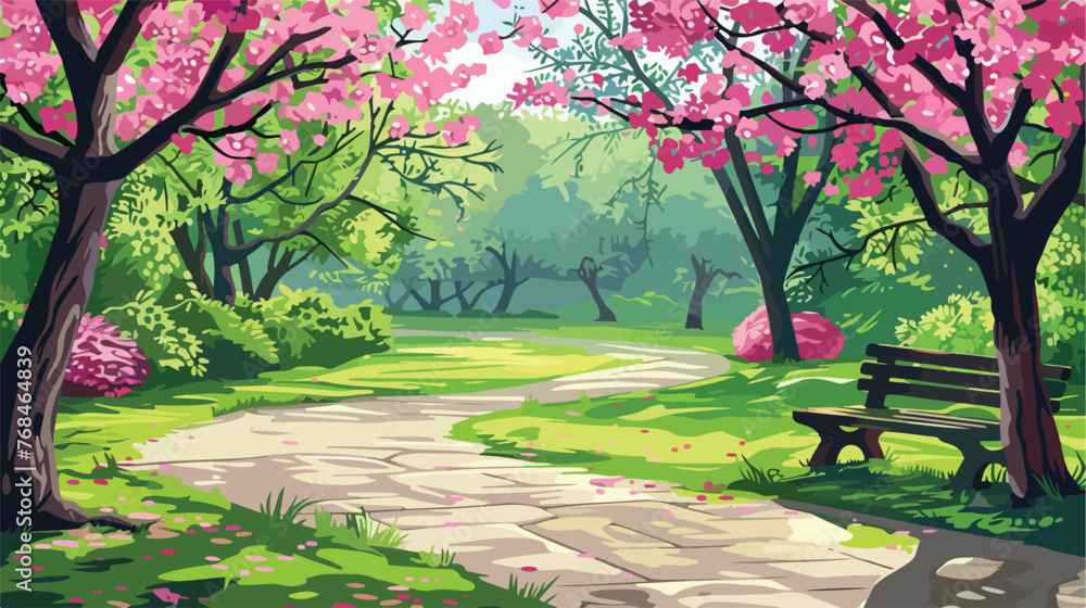 Painting of a path in a park with pink flowers