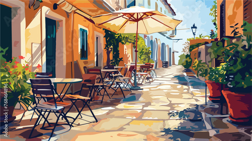 Painting of a patio with tables and chairs © Aliha