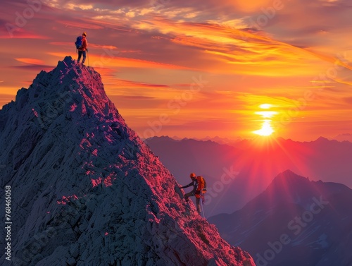 Mountain Climbers Conquering Challenging Peak Together - Adventure Exploration Summit Success Landscape Photo. © Bendix