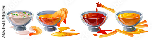 Ketchup and cheese dip sauce bowl with shrimp and french fried vector icon. Red tomato and mustard appetizer cream cup for potato or mexican snack food. Fries prawn dish with mousse for lunch in menu