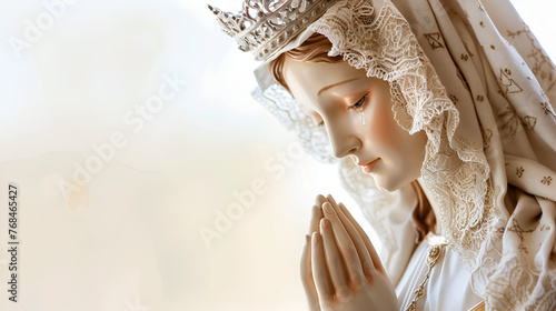 Beautiful statue of the Virgin Mary praying with Beautiful statue of a religious woman praying isolated on white Religion pray faith.Virgine Mary statue,background red flowers. Generative Ai