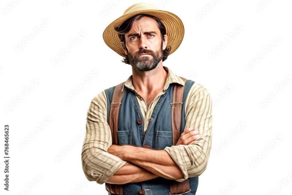 Excited irritated angry male farmer in work clothes, white background isolate. Excited irritated angry male farmer in work clothes, white background isolate.