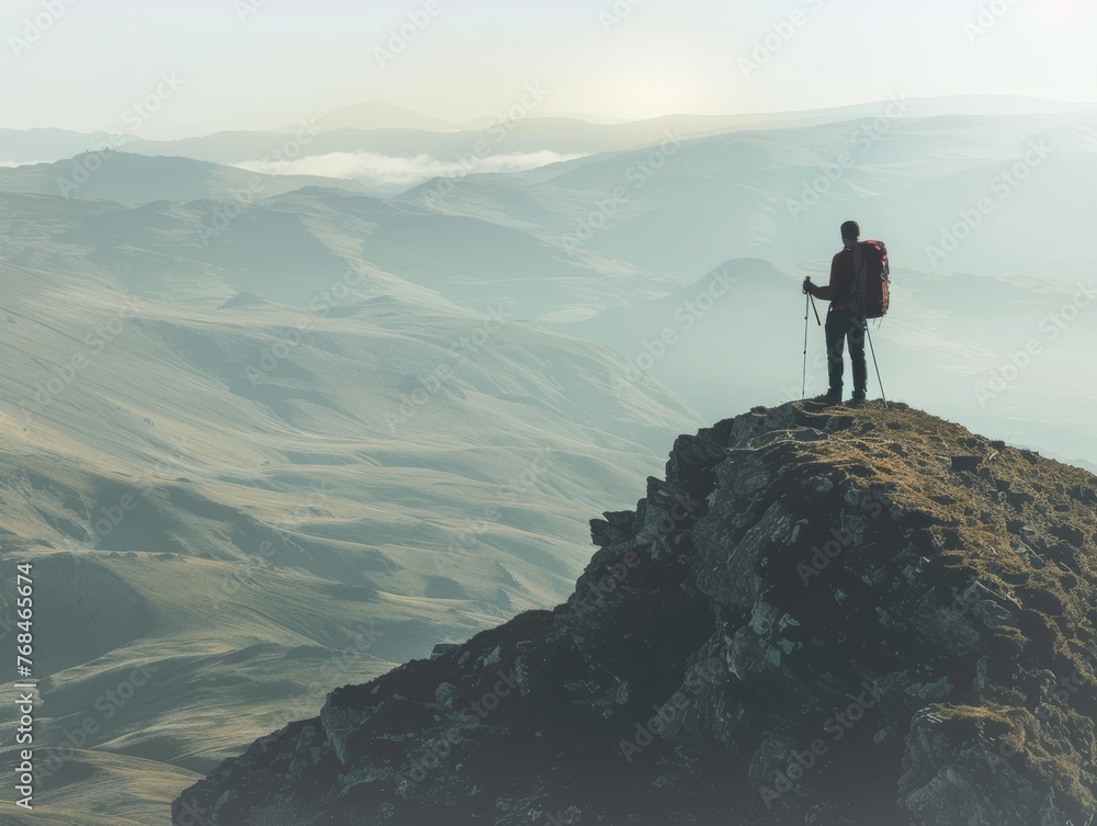 A lone hiker standing atop a windswept ridge, gazing into the distance.