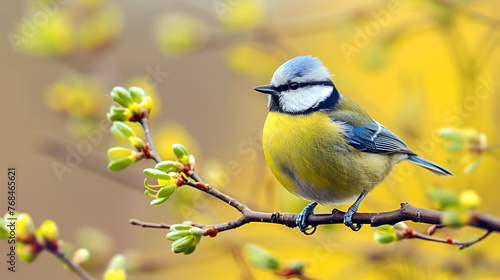 bird blue tit sings a song among the young green of the tree in early spring spring bird of paradise sings among white flowers A small black bird lies on a branch. Can be edited or added to your work.