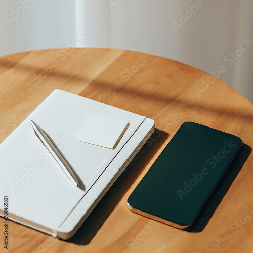 Phone and notepad on a wooden table