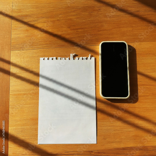 Phone and notepad on a wooden table