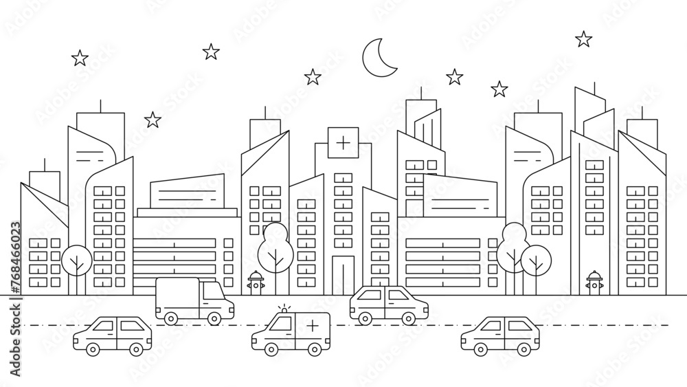 Black and white vector outline building landmarks skyline concept background