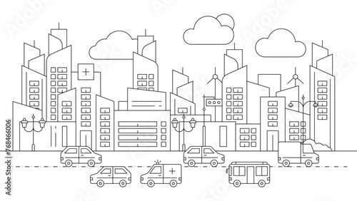 Black and white vector outline landmarks skyline with buildings city background