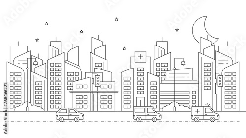 Black and white vector outline cityscape on white background  modern city skyline  city silhouette  vector illustration in flat design
