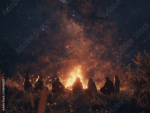 A Group of Friends Stargazing Beneath a Crackling Campfire in Nature