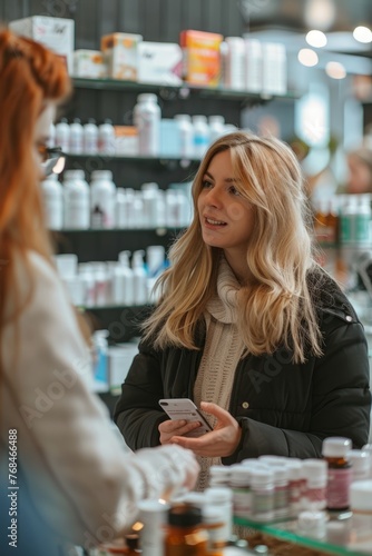 Professional Photography of a Pharmacy Shop Asistant Assisting a Senior Customer With Medication Management, Generative AI photo