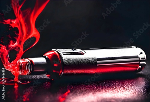 Sleek Silver Chrome Electronic Cigarette with red liquid spilled, on black minimal background 