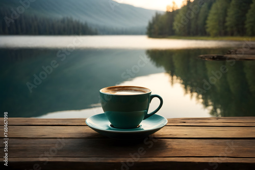 A cup of coffee beside lake with forest background