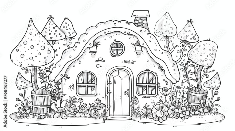 Fairy House Coloring Page Fairy House Line Art Vector.