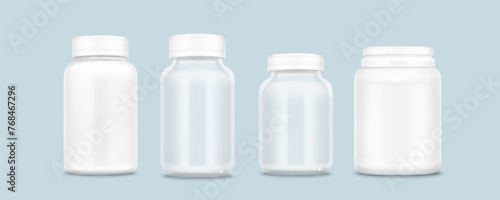 White plastic pill bottle mockup. Realistic 3d vector illustration set of vitamin or supplement jar template. Closed package container for medicine with cap. Pharmacy cylinder packaging canister.