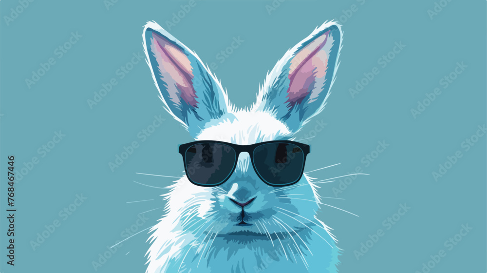 A white rabbit wearing sunglasses on a blue background