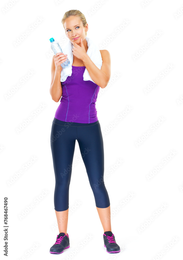 Water, thinking and fitness of woman in studio for body health, exercise or planning workout isolated on a white background mockup space. Sports, idea and person with bottle for hydration or wellness Water, thinking and fitness of woman in studio for body health, exercise or planning workout isolated on a white background mockup space. Sports, idea and person with bottle for hydration or wellness
