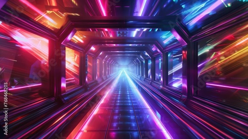 Solemn walkways of a spacecraft, where rainbow lighting whispers tales of voyages beyond the stars , 3D illustration