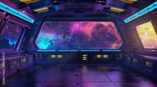 Empty observatory deck in a spacecraft, with stars outside tinting the room in a natural rainbow palette , 3D illustration