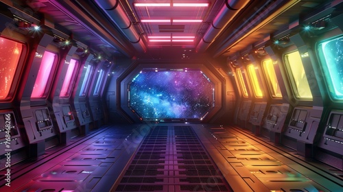 Empty observatory deck in a spacecraft, with stars outside tinting the room in a natural rainbow palette , 3D illustration