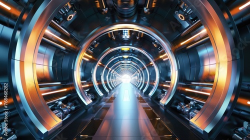 Giant empty engine room of a spacecraft, with rainbowcolored energy cores pulsating in dormant power , 3D illustration