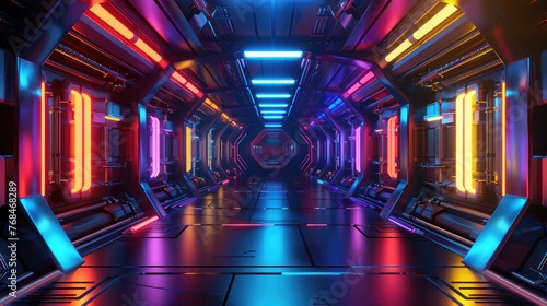 Long, deserted corridor of a spacecraft, with rainbow lighting leading the way to the heart of the ship , 3D illustration photo