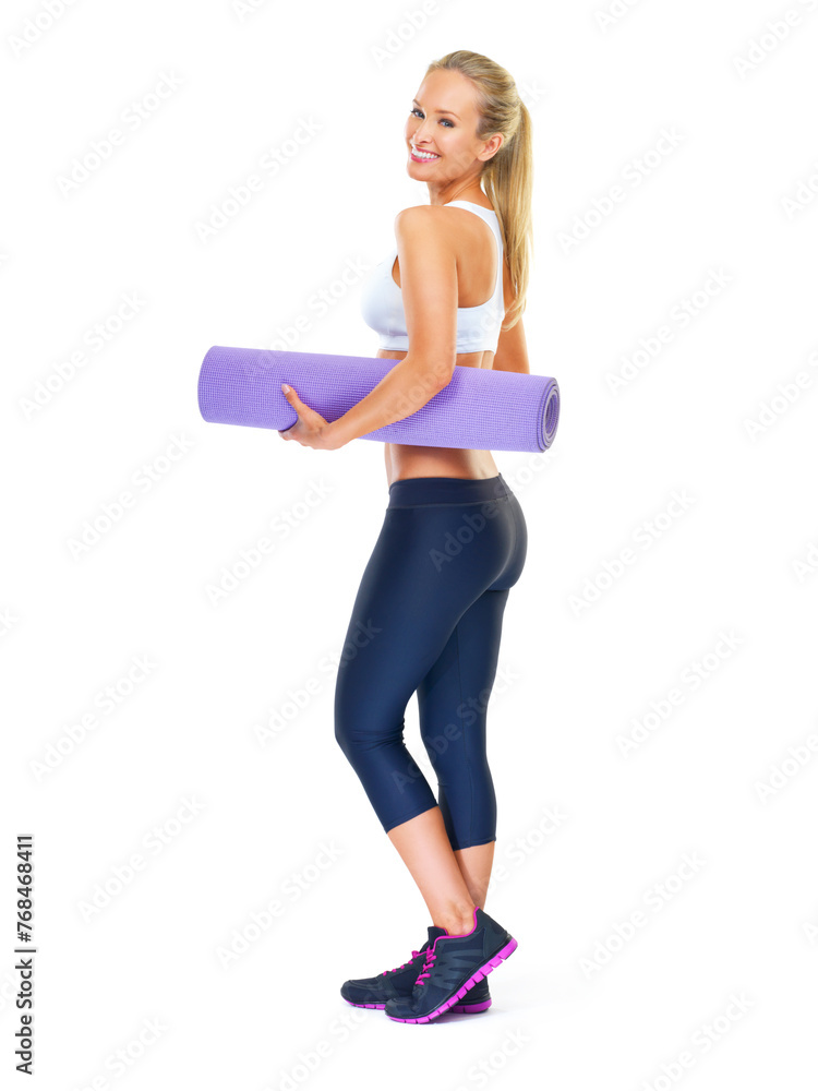 Portrait, smile and woman with yoga mat in studio isolated on a white background mockup space. Pilates, fitness and happy person with rug for exercise, practice or body health of model in Switzerland Portrait, smile and woman with yoga mat in studio isolated on a white background mockup space. Pilates, fitness and happy person with rug for exercise, practice or body health of model in Switzerland