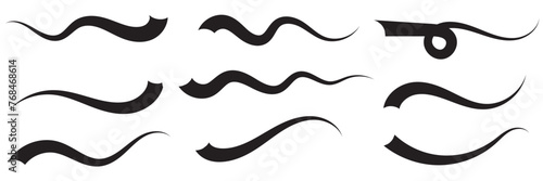 Set of Swoosh and swoop underline typography tails shape in flat styles. Brush drawn curved smear. Hand drawn curly swishes, swash, twiddle. Vectors calligraphy doodle swirl on white background.Vector