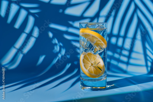limonade avec des rondelles de citron jaune dans un verre transparent sur un fond bleu vif avec les ombrages de feuilles. Boissons fraîches et rafraîchissantes pour l'été © Noble Nature