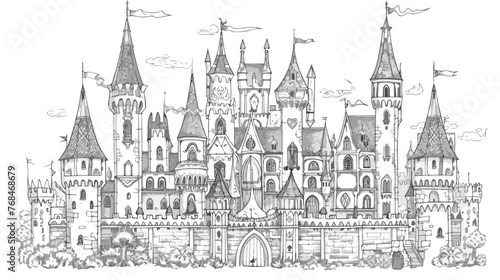 Fantasy drawing of medieval Gothic castle. Black © Nobel