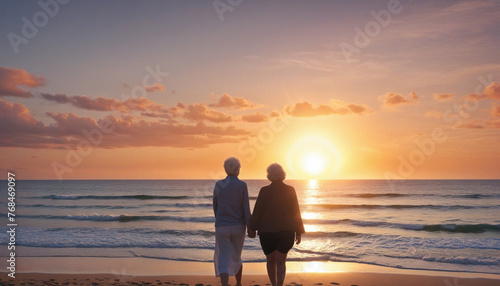 older couple watching a sunset at the beach, colorful background