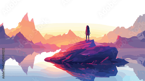 fantasy landscape showing a woman standing on a rock flat