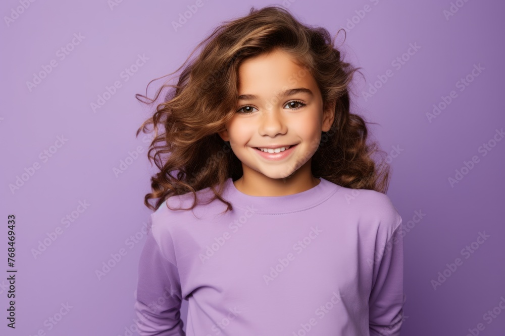 portrait of smiling little girl with long curly hair on violet background portrait of smiling little girl with long curly hair on violet background