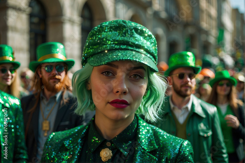 woman in green hair and green hat in St. Patrick's Day festival