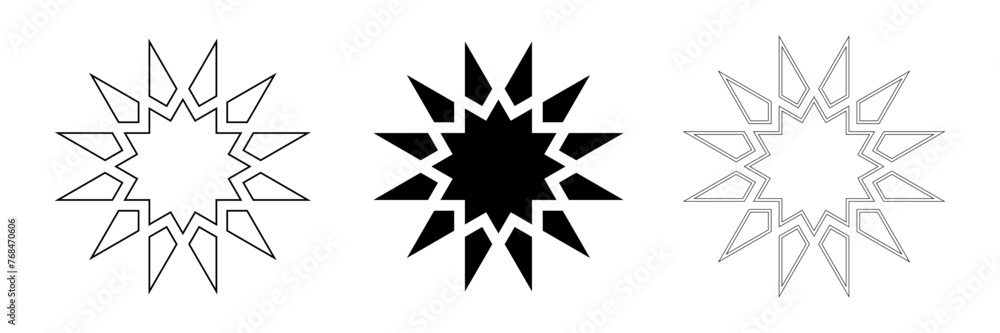 Geometric vector design element icons set. Outline and black silhouette isolated shapes. Islamic arabic style logo and decoration collection Geometric vector design element icons set. Outline and black silhouette isolated shapes. Islamic arabic style logo and decoration collection