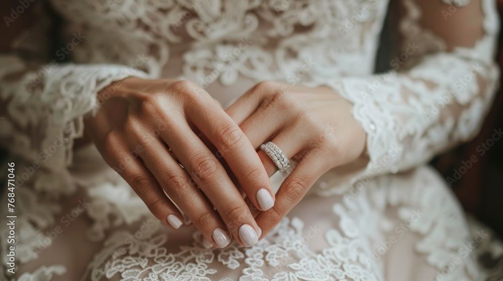 Close-Up of Bride's Hands with Elegant Manicure on Lace Wedding Dress, Featuring Engagement Ring. Wedding Day Details Concept Close-Up of Bride's Hands with Elegant Manicure on Lace Wedding Dress, Featuring Engagement Ring. Wedding Day Details Concept