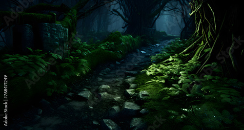 a dimly lit and mysterious forest is shown