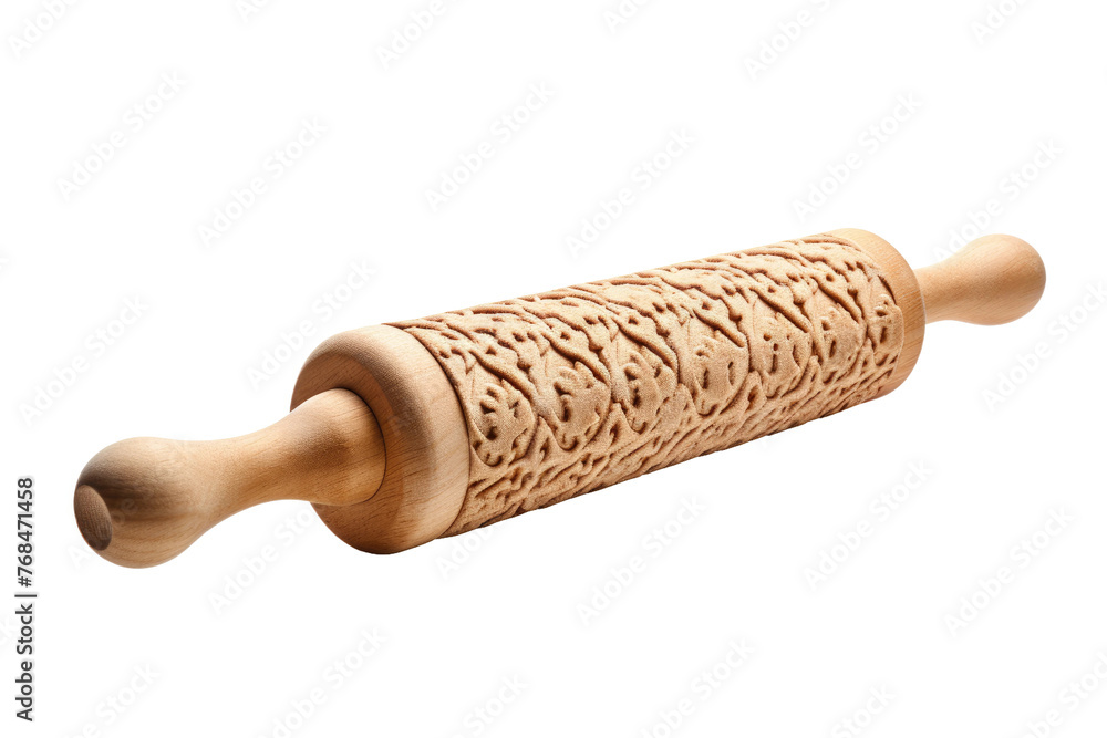 A wooden rolling pin. The rolling pin is made of light-colored wood with visible grains and has a smooth, cylindrical shape. Isolated on a Transparent Background PNG.