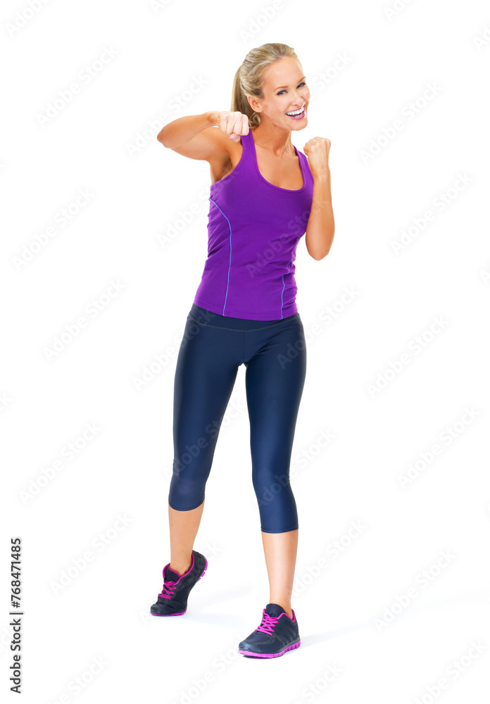 Woman, portrait and boxing punch in studio for workout performance or fitness, wellness or exercise. Female person, fist and gym training on white background for fighter athlete, challenge or mockup