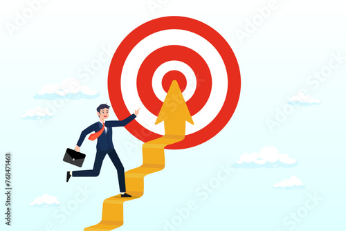 Businessman walking up stair with arrow as path to reach goal, reach target or progress to reach goal, career step to success, achievement or growth, challenge and motivation to succeed (Vector)