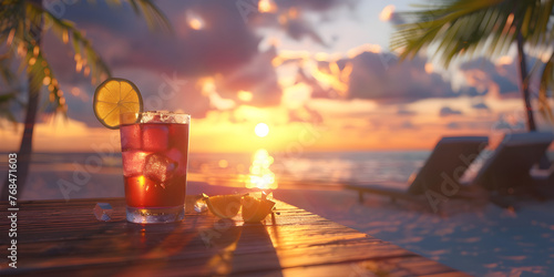 A glass of cocktail with a straw in front of a sunset, Sunset Beach Drink: Tropical Cocktail in Glass with Straw