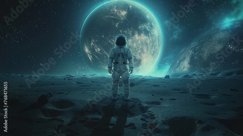 Astronaut Standing on Moon Surface with Earth Background