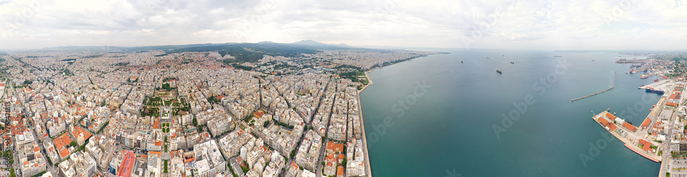 Thessaloniki, Greece. Panorama of the city and port. Cloudy weather. Panorama 360. Aerial view