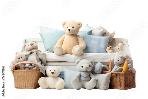 A collection of various stuffed animals arranged neatly on top of a bed. Each plush toy is sitting upright, creating a cozy and colorful scene. Isolated on a Transparent Background PNG.