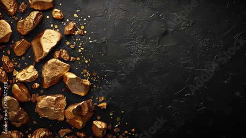 Gold nuggets on black background with copy space, concept of business, gold, mine, treasure, rich, market photo