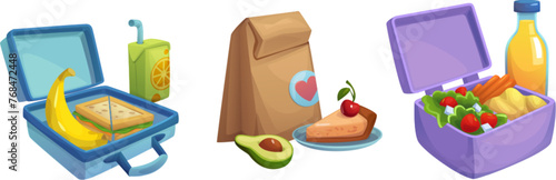 Lunch box with food for school snack vector icon. Kid lunchbox meal for healthy snack on picnic. Plastic bento container and bottle with juice. Isolated takeaway pack with cake and fresh salad clipart
