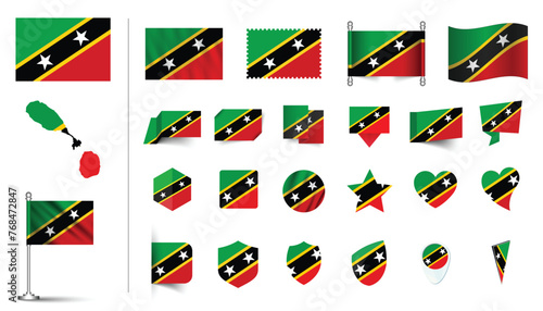 Free Download set of Saint Kitts and Nevis flag, flat Icon set vector illustration. collection of national symbols on various objects and state signs. flag button, waving, 3d rendering symbols - GFXLoad